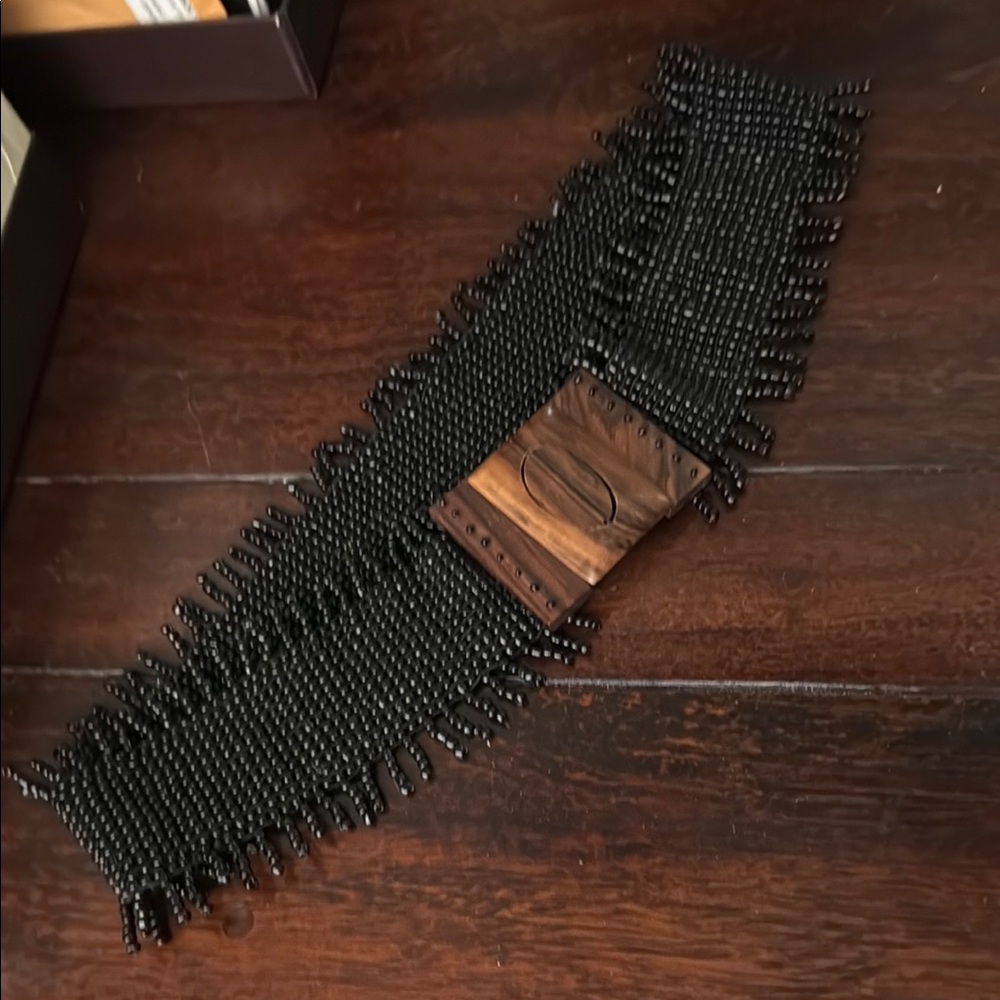 Black Beaded Belt with Wooden Buckle